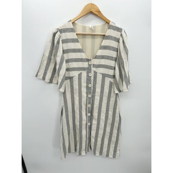 L Love Dresses & Skirts - L Love Dress Women Medium Gray Cream Striped Button Down Midi Lagenlook Minimal